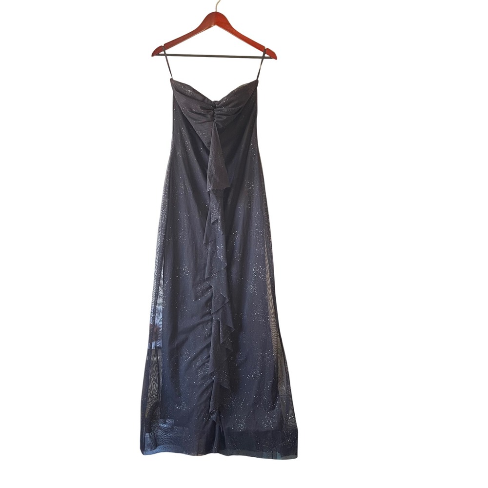 Jessica McClintock Gunne Sax y2k Black Glitter Mesh‎ Strapless Ruffle Gown Small
